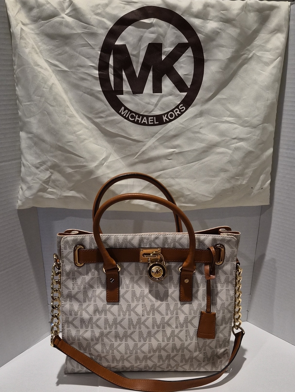 Michael Kors Hamiton PVC LG Signature Tote Shoulder Bag Vanilla with Brown Trim